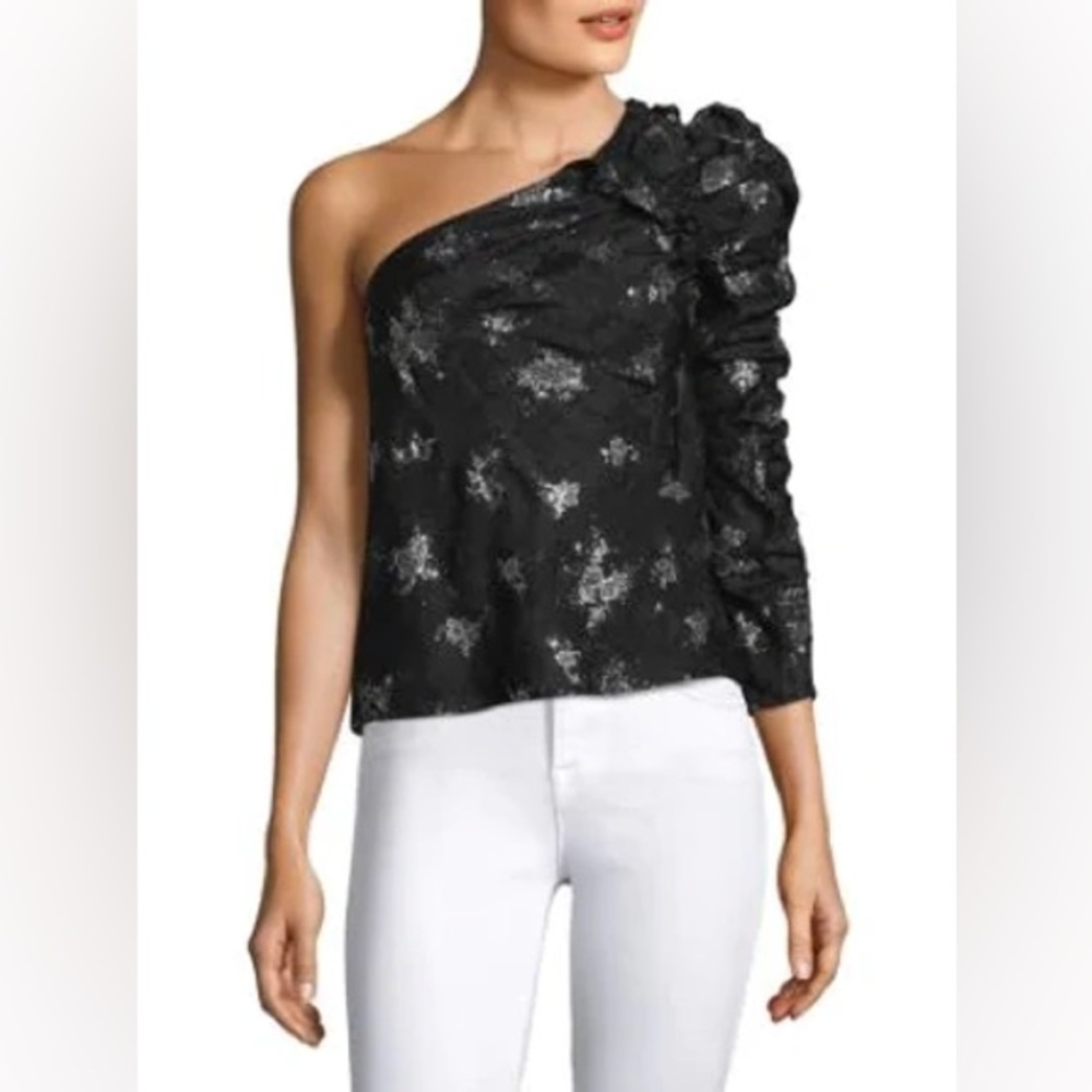 Rebecca Taylor Silk One shoulder glitter top black silver holiday top sparkle‎ 8